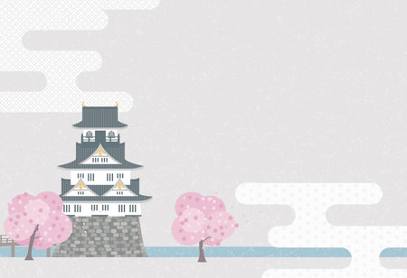 background illustration of japanese old castle and spring cherry tree and hazeのイラスト素材