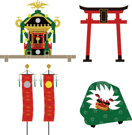 Japanese festival material. Illustration of torii, sun and moon flag, mikoshi, and lion danceのイラスト素材