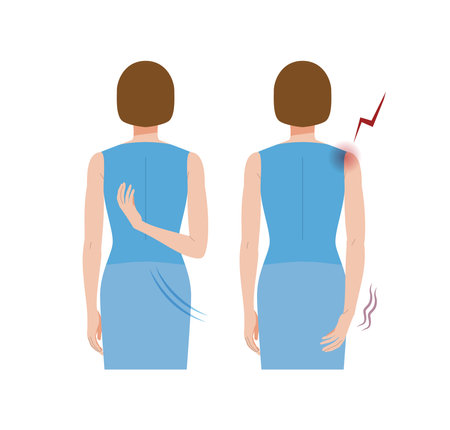A woman whose hands cannot move behind her back due to frozen shoulders and periarthritis.のイラスト素材