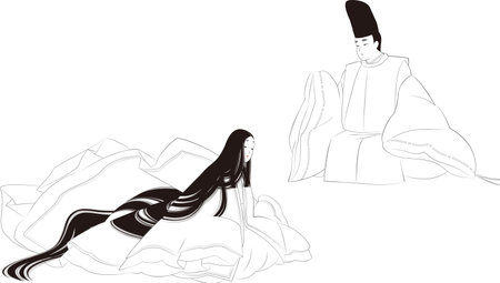 Line drawing illustration of a man and woman in the style of the Heian dynasty. A man in Japanese folk costume "Noushi" and a woman in "Uchiki"のイラスト素材