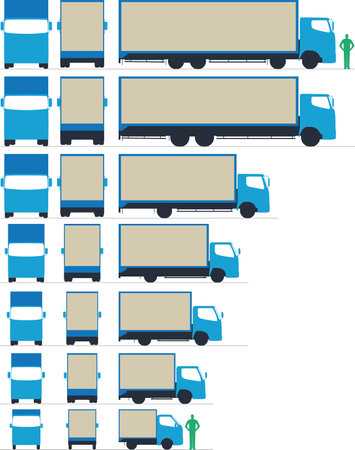 Illustration of the size of the loading platform of large and small trucks, front, side, backのイラスト素材