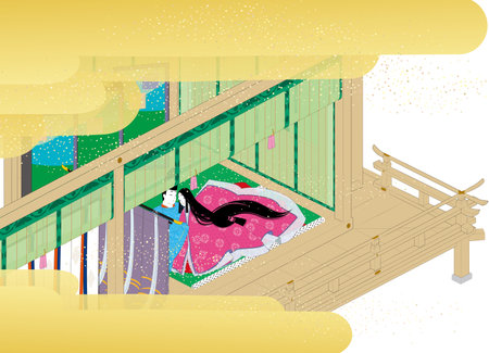 Illustration of a couple meeting, a woman in a Heian-style uchiki and a man in a kariginu (hunting costume)の写真素材