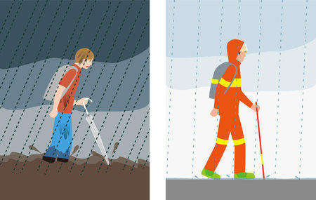 Disaster, heavy rain. A person wearing rain boots and everyday clothes when evacuating. A person wearing rain and disaster prevention clothes. Image illustrationのイラスト素材