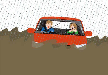Two children driving in a car under the rain. Vector illustration.のイラスト素材