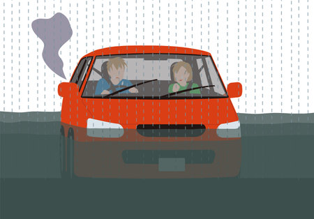 Children driving car on rainy day. Vector illustration in flat style.のイラスト素材