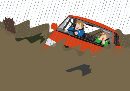 People driving a car through the rain. Vector illustration in flat styleのイラスト素材