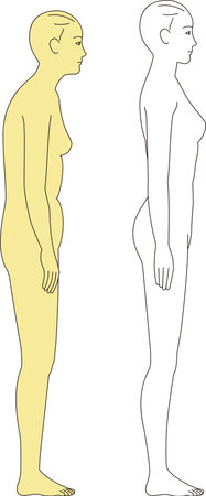 A woman with a hunchback and a woman with a beautiful standing posture. Full-body illustration from the sideのイラスト素材