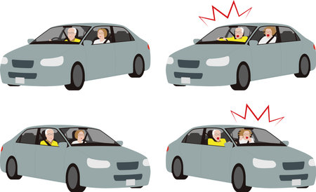 Illustration showing a sequence of driving scenes with two occupants in a car, depicting a situation leading to surprise and concernのイラスト素材