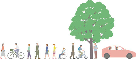 Commuting scenery illustration of people walking such as office workers and businessmenのイラスト素材
