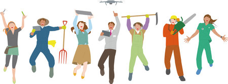 Illustrations of energetic, powerful men and women in a wide variety of occupationsのイラスト素材