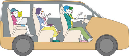 A minivan seen from the side. A family driving happily with smiles.のイラスト素材