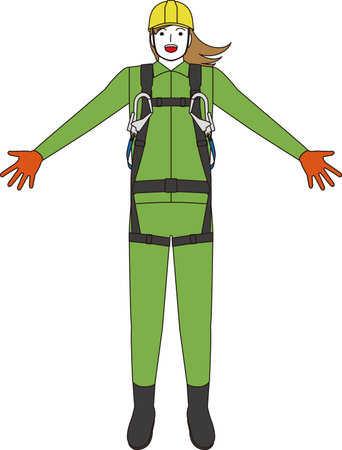 A construction worker wearing a full harness and lanyard. A female construction worker jumping with her arms outstretched and smilingのイラスト素材