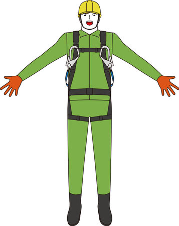 A construction worker wearing a full harness and lanyard. A male construction worker jumping with his arms outstretched and smilingのイラスト素材