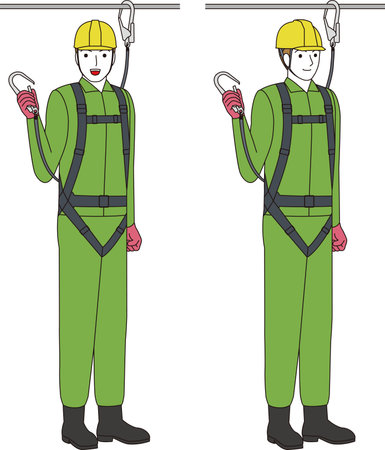 A construction worker wearing a full harness and lanyard. Smiling manのイラスト素材