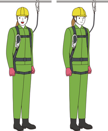 A construction worker wearing a full harness and lanyard. Smiling womanのイラスト素材