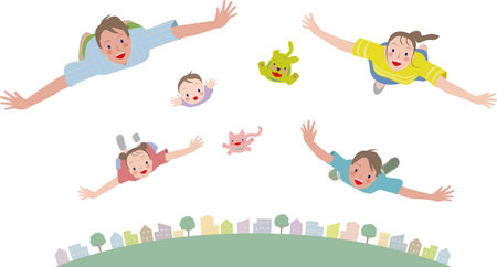 Smiling parents and children, family. Flying over the cityscape.のイラスト素材