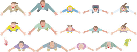 Smiling parents and children, family, three and four generations. Family looking up.のイラスト素材
