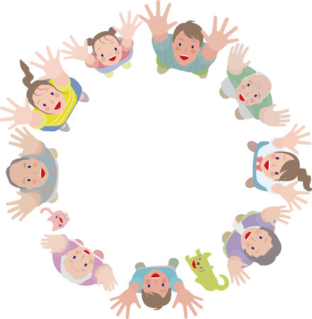 Smiling parents and children, family, three and four generations. Family looking up.のイラスト素材