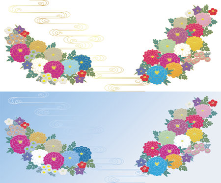 Background material of Japanese-style chrysanthemums, plum blossoms and flowing water patterns.のイラスト素材