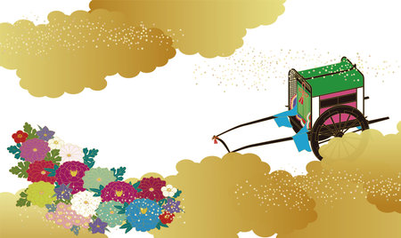 Historical Japanese aristocratic vehicles, illustration of floral patterns such as oxcarts and chrysanthemums.のイラスト素材