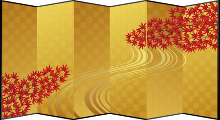 Japanese partition furniture, illustration of a gold folding screen with autumn leaves and a riverのイラスト素材