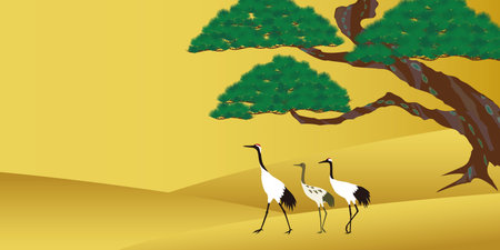 Background material illustration material of a Japanese lucky charm, a parent and child red-crowned crane and a large old pine tree.のイラスト素材