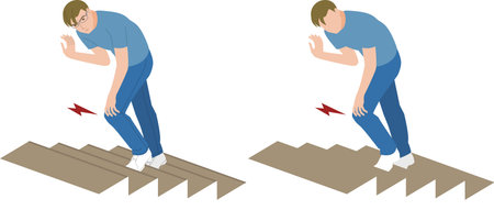 Illustration of a senior man experiencing knee pain while climbing stairsのイラスト素材