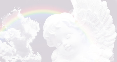 Angel on a pastel background with rainbow and cloudsの写真素材