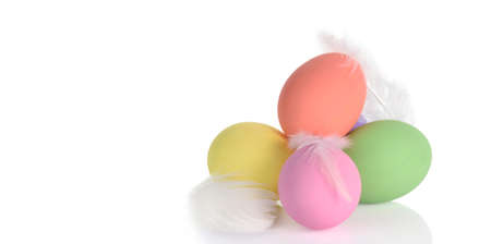 Easter decoration with colourful pastel eggs and feathers