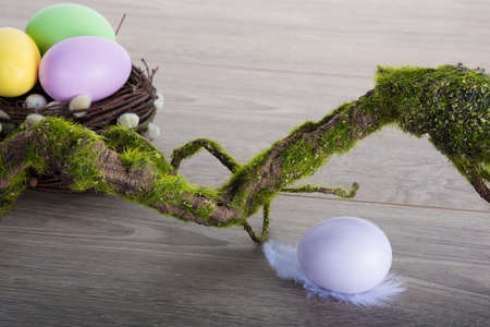 Colorful easter eggs in nest with moss brunchの写真素材