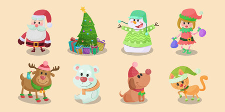 Merry Christmas and Happy New Year characters icons collection with hand drawn cartoon style.のイラスト素材
