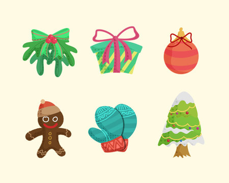 Collection of hand drawn cartoon Merry Christmas icons, ornaments and elements.のイラスト素材