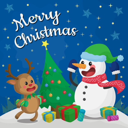 Cute cartoon hand drawn Merry Christmas greeting label background.のイラスト素材