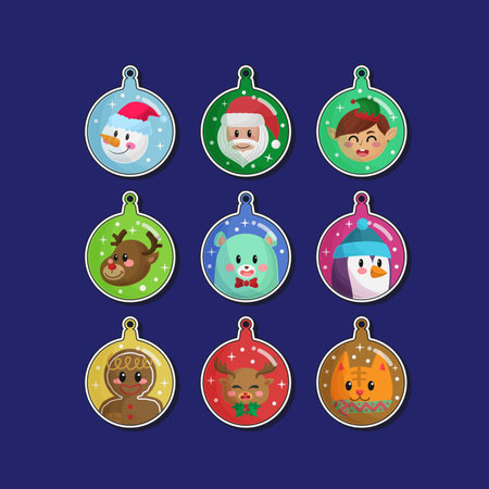 Cute cartoon hand drawn Merry Christmas and Happy New Year ornament ball element iconsのイラスト素材