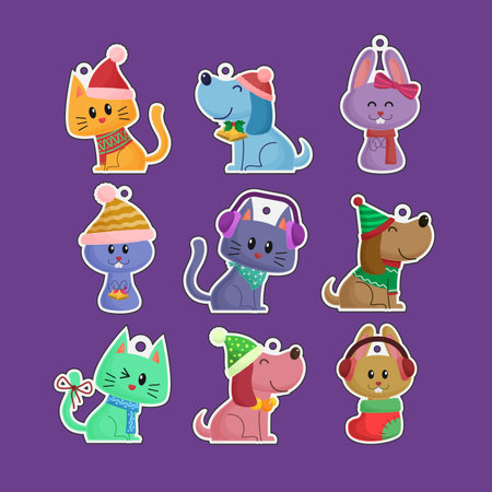 Cute cartoon hand drawn animal pets cats and dogs Merry Christmas and Happy New Year ornament ball elements icons.のイラスト素材