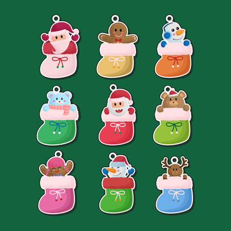 Cute cartoon hand drawn Merry Christmas and Happy New Year sock ornament ball element icons.のイラスト素材