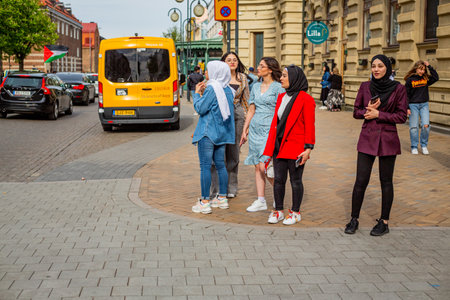 KRISTIANSTAD, SWEDEN - MAY 14, 2021: Muslim girls during a protest against Israels new attacks on Palestineのeditorial素材