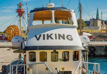 ELSINORE, DENMARK â 3 AUG 2018: A boat named Viking, seen in Elsinore (HelsingÃ¸r), Denmark.のeditorial素材