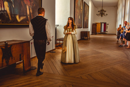 ELSINORE, DENMARK â 3 AUG 2018: A scene from a Hamlet theatre at Kronborg castle in Elsinore, Denmark.のeditorial素材