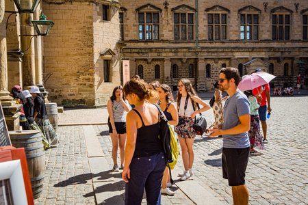 ELSINORE, DENMARK â 3 AUG 2018: Tourists at the castle yard of Kronborg castle in Elsingore (HelsingÃ¸r), Denmark.のeditorial素材