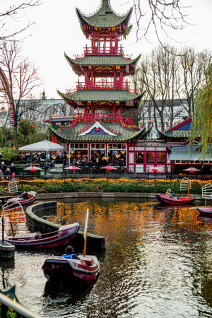Pedalos on pond on Tivoli in Copenhagen, Denmarkのeditorial素材