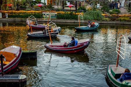 Pedalos on pond on Tivoli in Copenhagen, Denmarkのeditorial素材