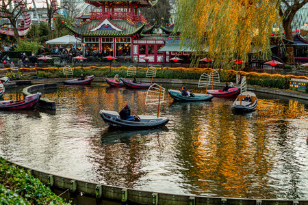 Boats on pond on Tivoli in Copenhagen, Denmarkのeditorial素材