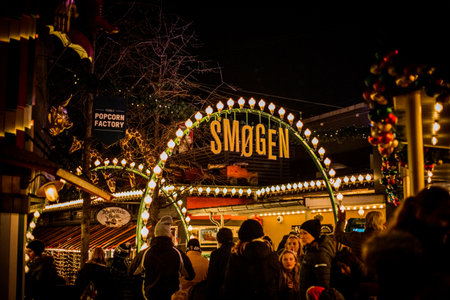 People visiting the yearly christmas market on Tivoli, Copenhagen, Denmarkのeditorial素材