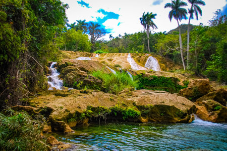 Sendero reino de las aguas waterfall in mountain park on Cubaの写真素材