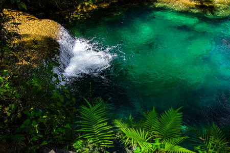 Sendero reino de las aguas waterfall in mountain park on Cubaの写真素材