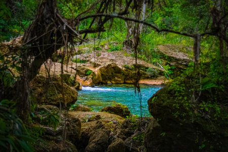 Sendero reino de las aguas waterfall in mountain park on Cubaの写真素材