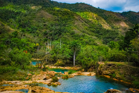 Sendero reino de las aguas waterfall in mountain park on Cubaの写真素材
