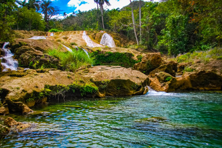 Sendero reino de las aguas waterfall in mountain park on Cubaの写真素材