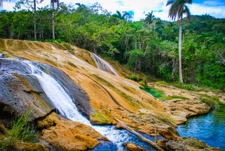 Sendero reino de las aguas waterfall in mountain park on Cubaの写真素材